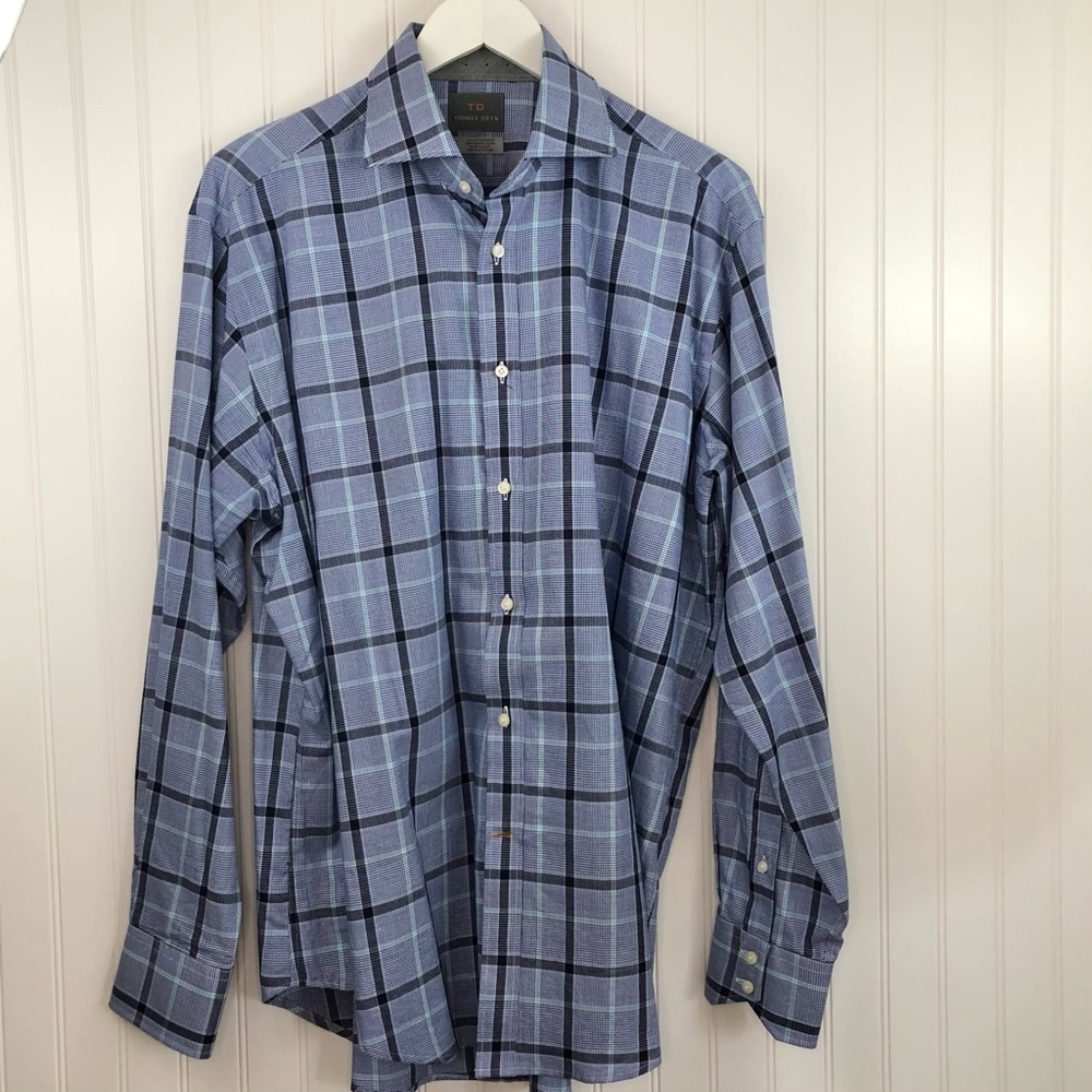 Thomas Dean Men’s Blue Plaid Dress Shirt L